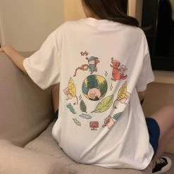 Cartoon Print Loose Cotton T-shirt -Kawaii Fashion Shop ZuoLunOuBa Casual New Summer Women T Shirt Print Manga Harajuku Cute Pig Family Amusement Park Tees 5