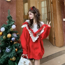 Cute Double Color Ruffled Sweater -Kawaii Fashion Shop doublecolorruffledsweater002
