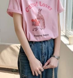 Kawaii Pink Cartoon Rabbit Print T-Shirt -Kawaii Fashion Shop gkfnmt Cartoon Cotton T Shirts Women Loose Tee Shirt Female O Neck Summer Loose Cozzy Tops 2