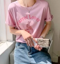 Kawaii Pink Cartoon Rabbit Print T-Shirt -Kawaii Fashion Shop gkfnmt Cartoon Cotton T Shirts Women Loose Tee Shirt Female O Neck Summer Loose Cozzy Tops 3