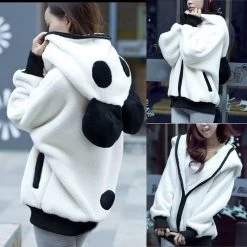 Kawaii Panda Hoodie -Kawaii Fashion Shop kawaii Hoodies Women fur Coat sweatshirt zip up Cute Panda Ear cap autumn winter Warm Hooded 4