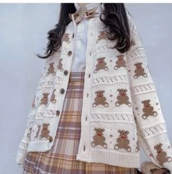 Bear Loose Knitted Cardigan 10 Bear Loose Knitted Cardigan -Kawaii Fashion Shop sweater korean fashion cardigan women spring clothing Bear kawaii cute knitting Long sleeve jk Japanese sweaters 2